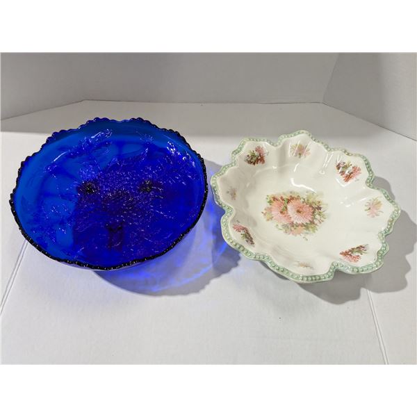vintage serving dishes, 1 dark blue glass, 1 porcelain