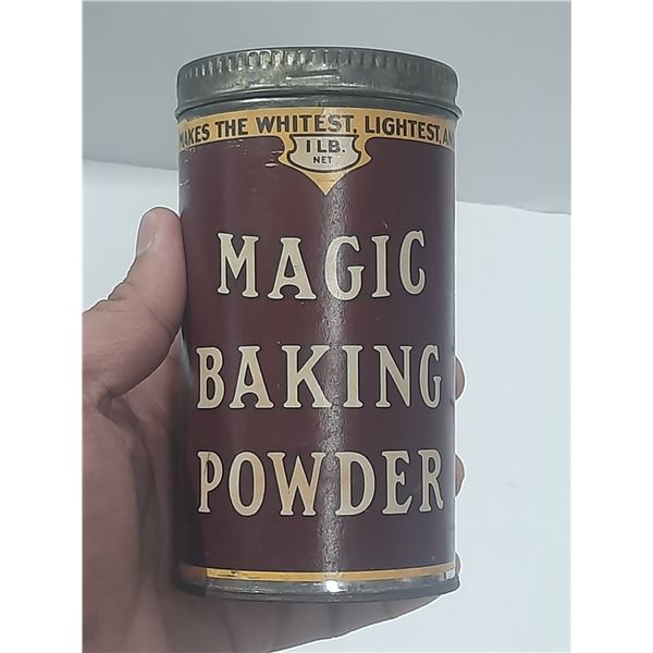 Vintage 1-pound tin of Magic Baking Powder produced by Standard Brands Ltd. in Canada. (Sealed Pack/