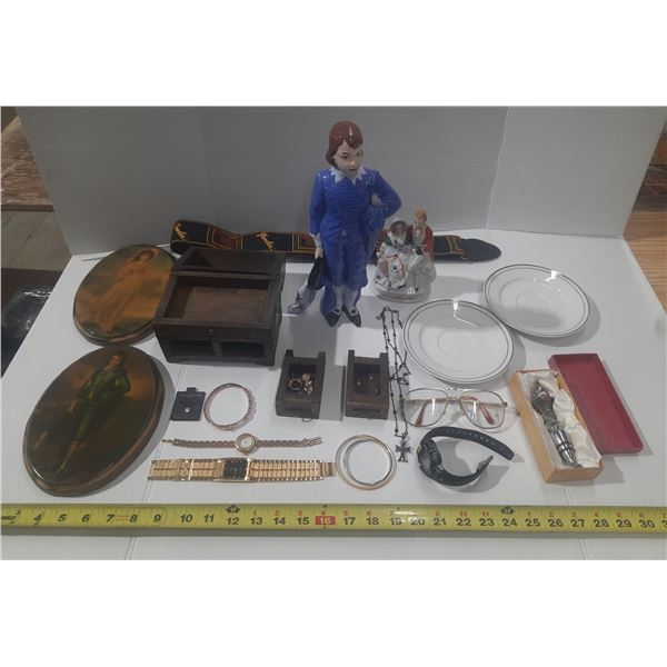 Vintage collectibles lot includes assorted items such as porcelain figurines, decorative plates, sma