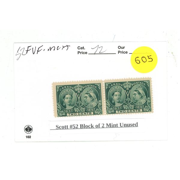 Scott #52 Block of 2 Mint Unused.