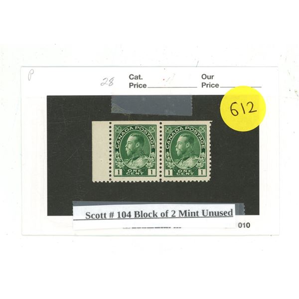 Scott #104 Block of 2 Mint Unused.
