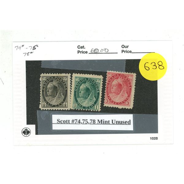 Scott #74, 75, 78 Mint Unused.