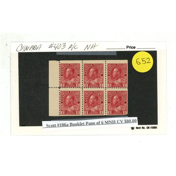 Scott #106a Booklet Pane of 6 MNH CV $80.00.
