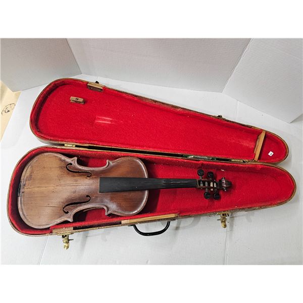 Antique Wooden Violin Fiddle w/ Red Velvet Lined Hard Case - As Is