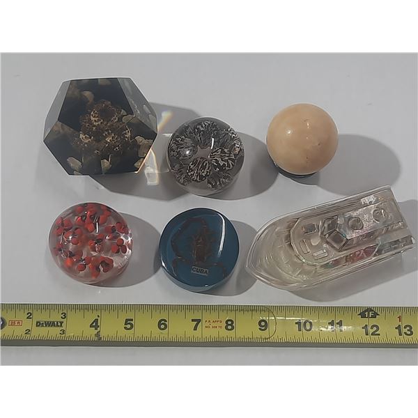 stone "crystal ball", art glass and resin paperweights