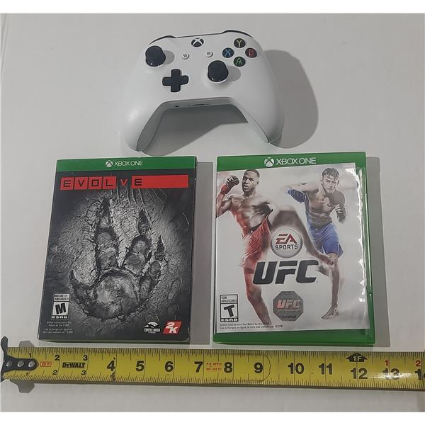 White Xbox One wireless controller, the video game "Evolve" for Xbox One, and the video game "EA Spo
