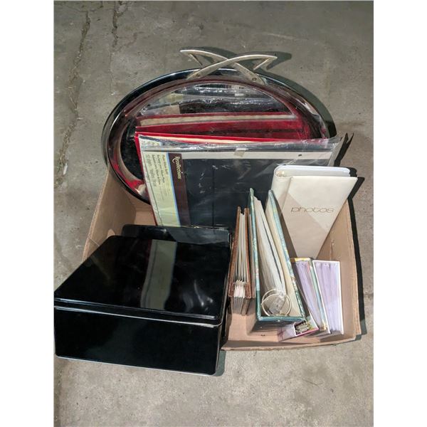 Box of empty photo albums, serving platter, 2 empty storage tins