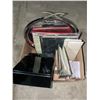 Image 1 : Box of empty photo albums, serving platter, 2 empty storage tins