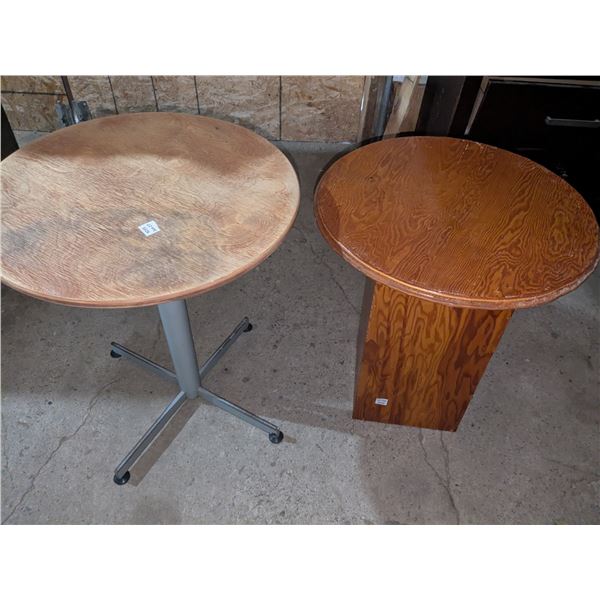 2-24" round tables, stell frame 29" tall, wodden pedestal 27" tall