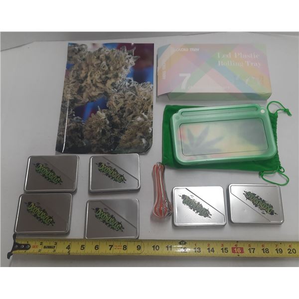 This collection of smoking accessories includes a Black Leaf LED plastic rolling tray that lights up