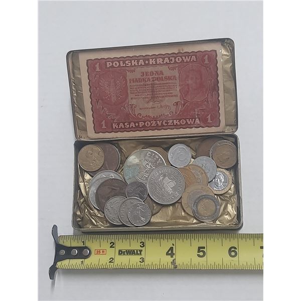 Antique Tin With Coins and Paper Currency.