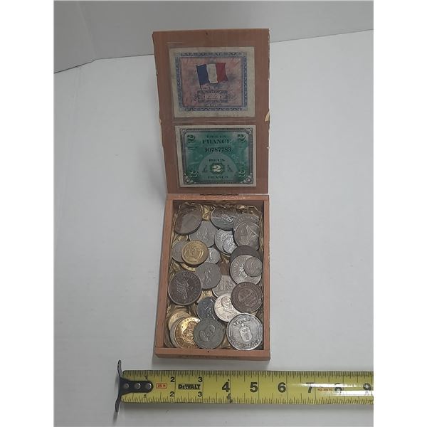 Antique Box with coins and Paper Money.