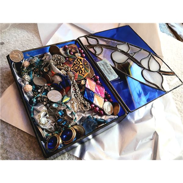 Blue Stained Glass Jewelry Box with Jewelry.