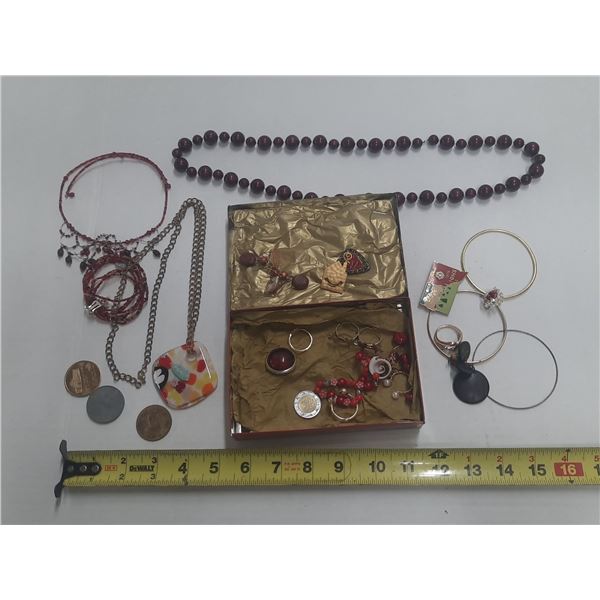 Vintage Jewelry Tin with Jewelry and Tokens/Coins.