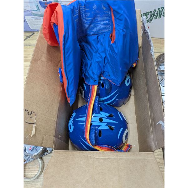 infant life jacket, with two bike helmets