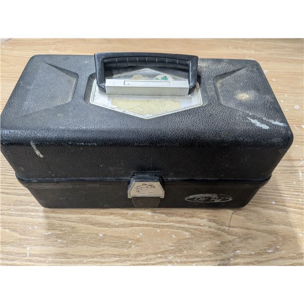 fishing tackle box with lures and hooks, etc. some damage to interior tray