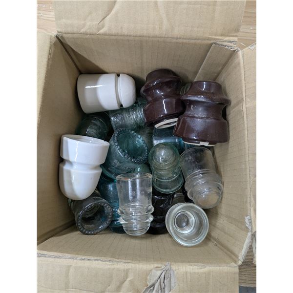 box of insulators, mostly glass a couple ceramic, mixed colors and sizes