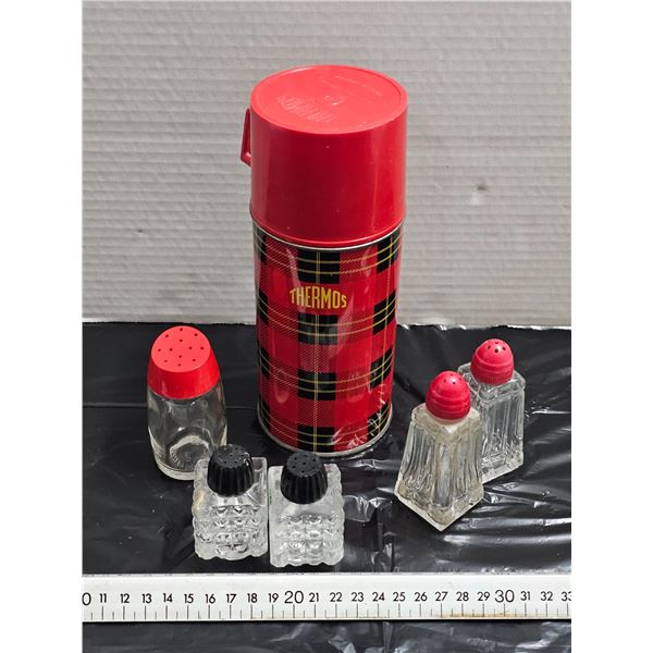 Vintage Plaid Thermos, Salt & Pepper Shakers