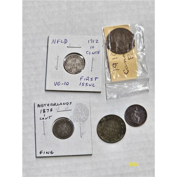 (2) Large Canadian Pennies, Netherlands 1878 cent, 1864 Farthing, 1912 NFLD 10 cent.