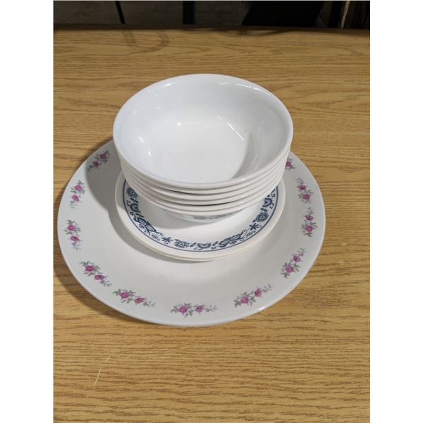 mixed set of dishes, 3 plates, 3 saucers, 6 bowls