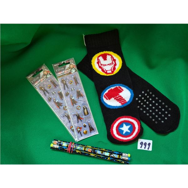 Child Size “Avengers” Non-Slip Socks, Batman Pencils, (2) New Pkgs Thor Stickers