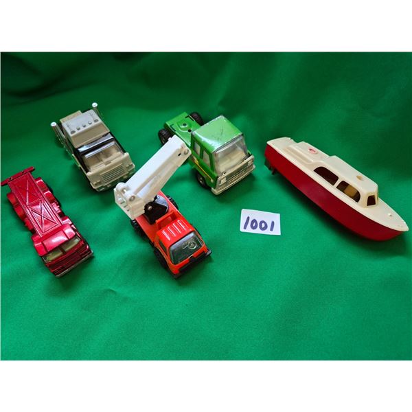 Toys – (4) Hauling Trucks, (1) Vintage Motorboat