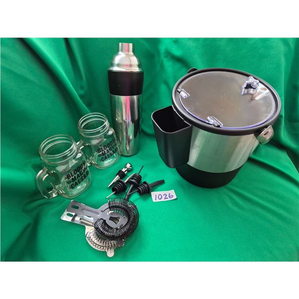 Ice Bucket, Drink Shaker, (2) Glasses, etc.
