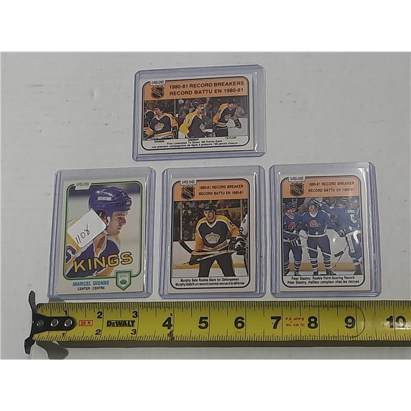 Vintage 1980-81 O-Pee-Chee NHL hockey cards featuring players from the Los Angeles Kings.