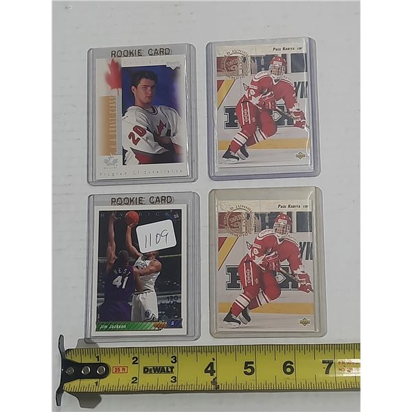 1992-93 Upper Deck Paul Kariya hockey cards (card #586) and one 1993 Upper Deck Jim Jackson rookie c