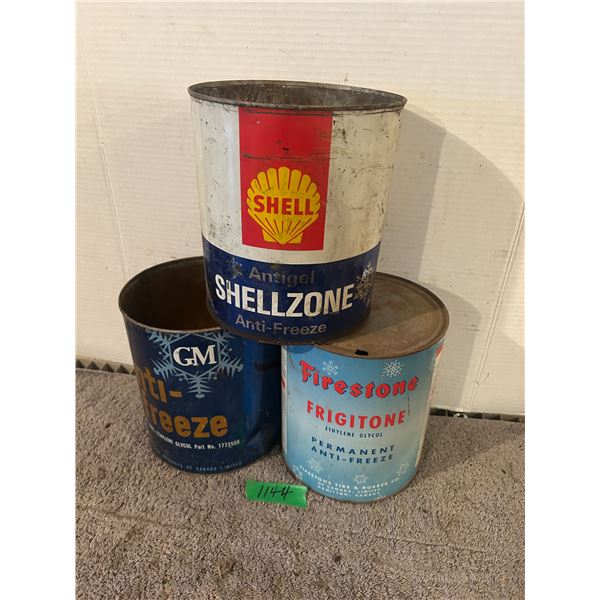 (3) One Gallon Anti-Freeze Tins – GM, Shell, Firestone