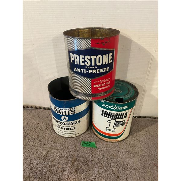 (3) One Gallon Anti-Freeze Tins – Chryco, Motomaster, Prestone
