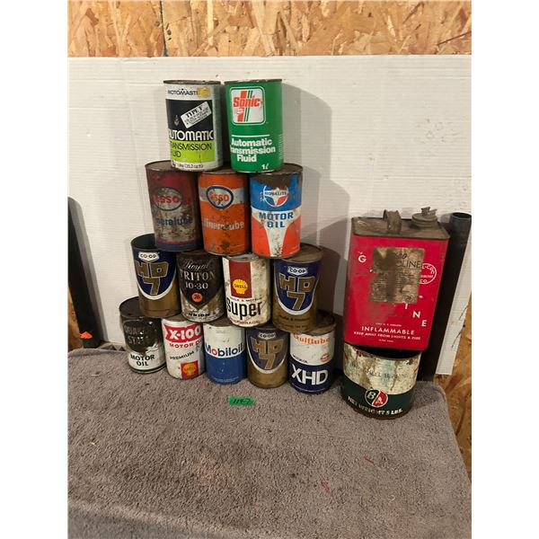 (15) Assorted Oil Tins – Esso, Roylite, Gulflube, Co-Op, etc.  Sold as is.