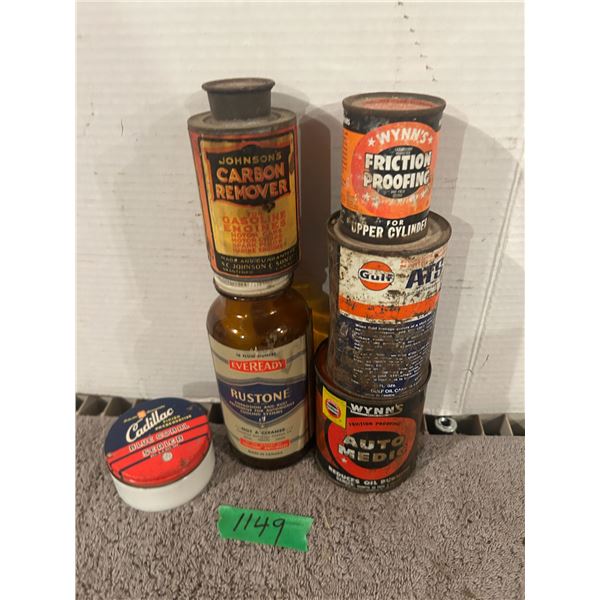 (5) Tins, (1) Bottle – Gulf, Eveready, Cadillac, Wynn’s, etc.