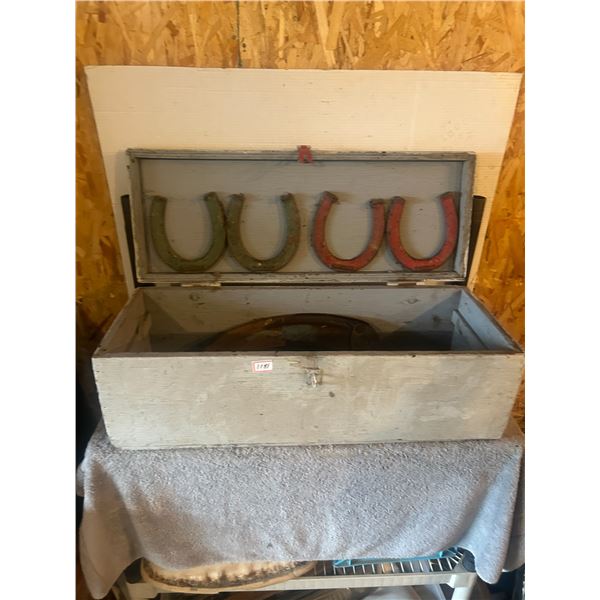 Wooden Trunk w/ Contents - Horse Shoes & Scythe Blades.  32”l x 12”w x 11[x=#8221/