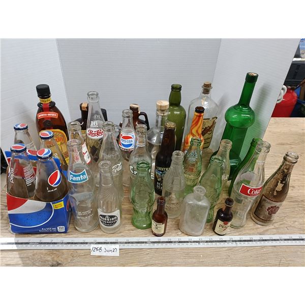 large lot of vintage bottles - Pepsi, Coca-Cola, Little Brown Jug, Rose Beverage, Crush, etc.