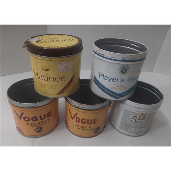 Vintage tobacco tins from Canadian brands like Matinée, Player's, and Vogue.