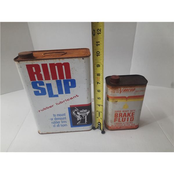 Vintage Rim Slip rubber lubricant empty tin and vintage Varcon Super Heavy Duty Brake Fluid (Fill Mo