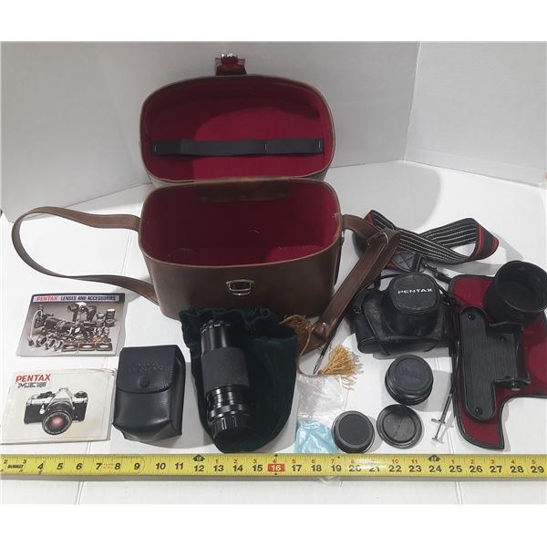 Pentax ME Super 35mm camera with 55mm telephoto, flash & carrying case