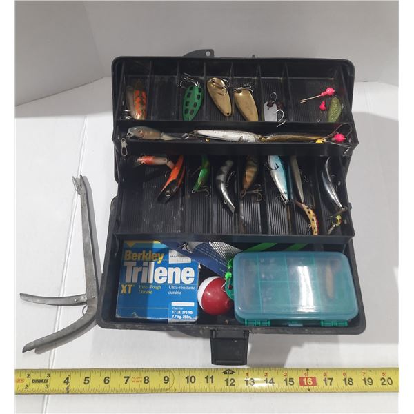 Vintage Fenwick Woodstream tackle box is labeled the  EAGLE II , packed with various fishing lures, 