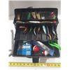 Image 3 : Vintage Fenwick Woodstream tackle box is labeled the "EAGLE II", packed with various fishing lures, 