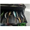Image 4 : Vintage Fenwick Woodstream tackle box is labeled the "EAGLE II", packed with various fishing lures, 