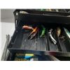 Image 5 : Vintage Fenwick Woodstream tackle box is labeled the "EAGLE II", packed with various fishing lures, 