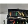Image 6 : Vintage Fenwick Woodstream tackle box is labeled the "EAGLE II", packed with various fishing lures, 