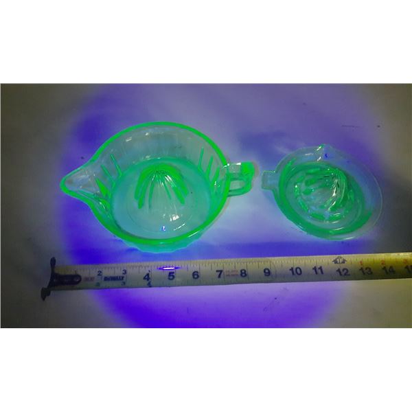 (2) Uranium Glass Juicers. (One with crack and other a chip)