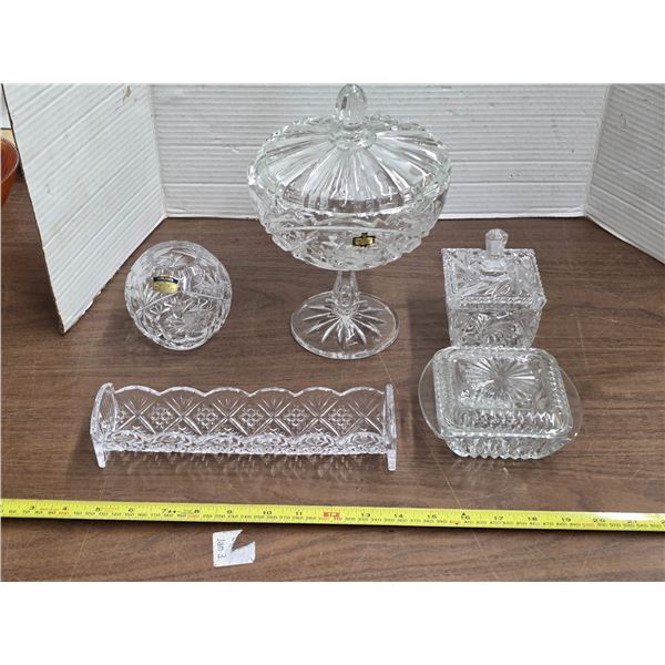 Collection od crystal glass dishes, candy bowl
