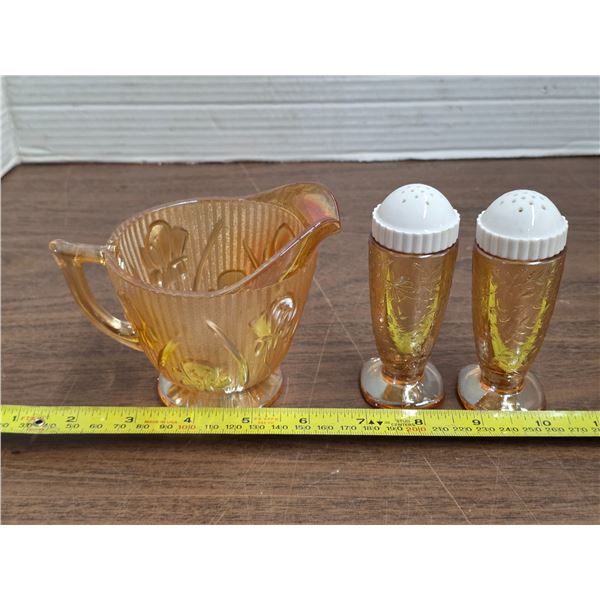 Iris and hearing bone depression glass creamer and salt and pepper shakers
