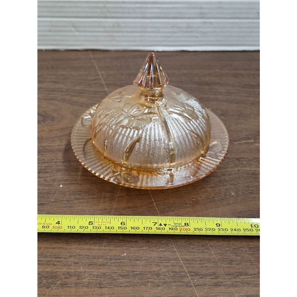 Iris and hearing bone depression glass butter dish- 5.5"W