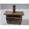 Image 3 : Antique wood butter press block features a manual plunger and has aged considerably.