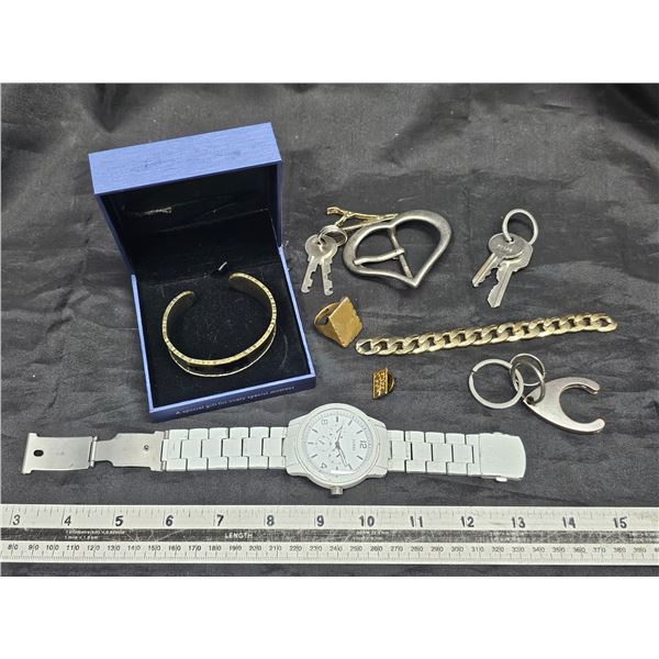 Assorted Lot of Men’s Fashion etc. including Guess Watch (strap needs repair), Bracelet (ha