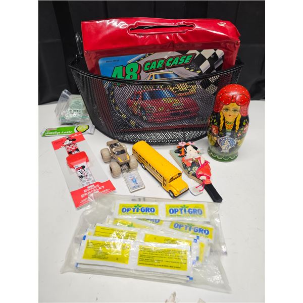 Misc. Lot – Toy Car Case, Basket, Décor, Toy School Bus, Soap etc.  All items sold as is.